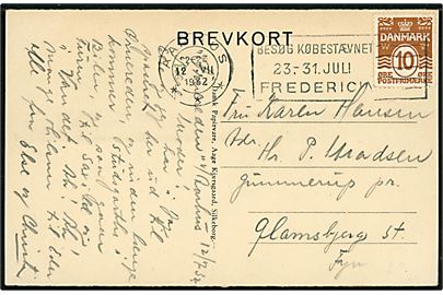 10 øre Bølgelinie på brevkort annulleret med TMS Aarhus *** / Besøg Købestævnet 23.-31. Juli Fredericia d. 12.7.1932 til Glamsbjerg.