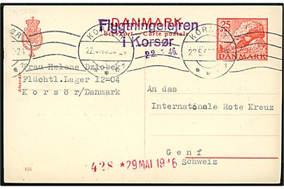 25 øre Kæmpehøj helsagsbrevkort (fabr. 155) fra tysk kvindelig flygtning i Flüchtl. Lager 12-04 annulleret Korsør d. 22.5.1946 til Internationale Røde Kors i Geneve, Schweiz. Violet 2-liniestempel Flygtningelejren i Korsør. Interessant indhold. Hj.knæk.