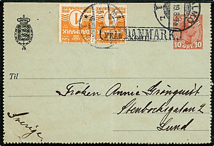 10 øre Chr. X helsags korrespondancekort opfrankeret med 1 øre Bølgelinie i parstykke annulleret med svensk stempel i Malmö d. 5.1.1919 og sidestemplet Från Danmark til Lund, Sverige. Lodret fold.