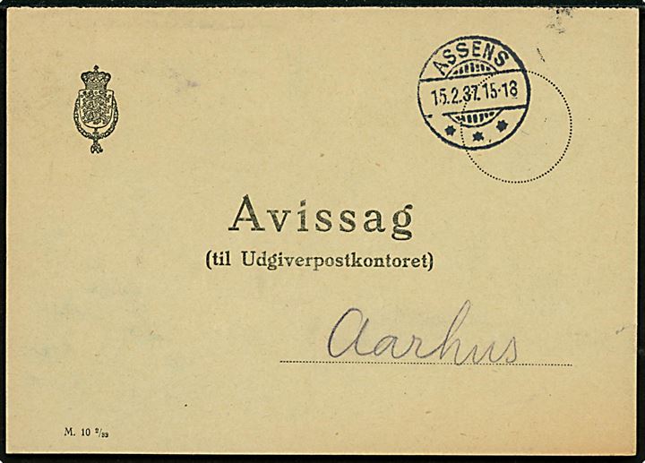 Avissag - M.10 2/33 - med brotype Ic Assens d. 15.2.1937 til Aarhus. Afmelding af tidsskrift da modtageren er død. 