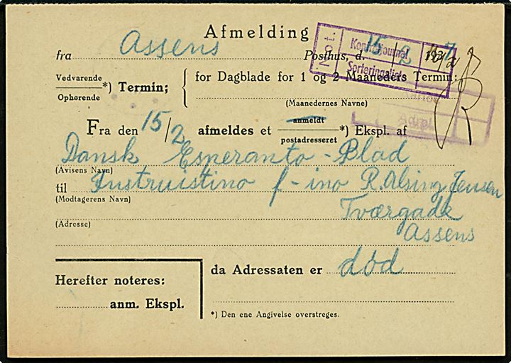 Avissag - M.10 2/33 - med brotype Ic Assens d. 15.2.1937 til Aarhus. Afmelding af tidsskrift da modtageren er død. 