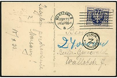 200 mk. infla udg. single på underfrankeret brevkort fra Warszawa d. 19.10.1923 til Berlin Grünewald, Tyskland. Sort portostempel og udtakseret i tysk 24.000.000 mk. porto.