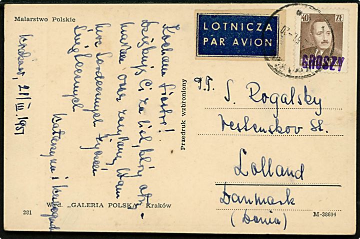 40 zl. GROSZY provisorium single på luftpost brevkort fra Krakow d. 28.3.1951 til Vestenskov St., Lolland, Danmark.