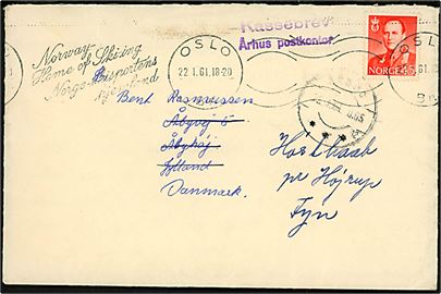 45 øre Olav på brev fra Oslo d. 22.1.1961 til Åbyhøj - omadresseret til Højrup, Fyn med violet stempel: Kassebrev / Århus postkontor.