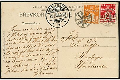 1 øre og 2 øre Bølgelinie på lokalt brevkort (Dannemare set fra kirken) annulleret med stjernestempel BIRKET og sidestemplet Horslunde d. 13.7.1908 til Kastager pr. Horslunde.