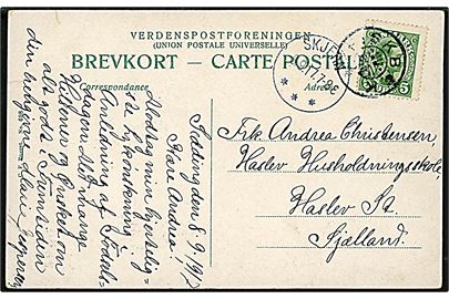 5 øre Chr. X på brevkort annulleret med stjernestempel FISKEBÆK og sidestemplet Skjern d. 9.9.1917 til Haslev.