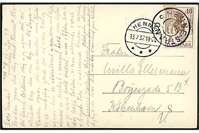 10 øre Regentjubilæum på brevkort (Henne Strand. Pors no. 747) annulleret med udslebet stjernestempel HENNE STRAND og sidestempel Henne d. 13.7.1937 til København.