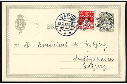 3 øre helsagsbrevkort opfrankeret med 2 øre Bølgelinie annulleret med stjernestempel FAABORG (VARDE) og sidestemplet Varde d. 20.2.1913 til Esbjerg.
