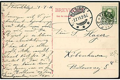 5 øre Fr. VIII på brevkort annulleret med stjernestempel TIDSVILDELEJE og sidestemplet Helsinge d. 7.7.1911 til København.