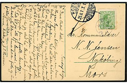 5 øre Chr. X på brevkort annulleret med stjernestempel RANUM og sidestemplet bureau Hobro - Løgstør T.? d. 25.8.1914 til Nykøbing M.