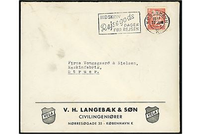 20 øre Fr. IX på brev annulleret med TMS Indskriv Rejsegods dagen før rejsen / København K. d. 23.6.1949 til Struer.