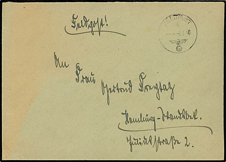 Ufrankeret tysk feltpostbrev stemplet Feldpost b d. 6.7.1940 til Hamburg, Tyskland. Sendt fra soldat ved Feldpost no. 38355, Standort Norwegen (= Marine-Flak-Abteilung 801 i Bergen, Norge).