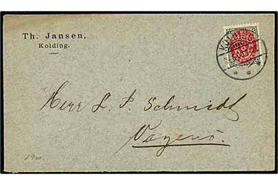 8 øre Tofarvet omv. rm. single på GRÆNSEPORTO brev fra Kolding d. 2.6.1900 til Vojens i Nordslesvig. På bagsiden ank.stemplet Woyens d. 3.6.1900.