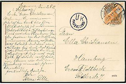 7½ pfg. Germania på brevkort fra Grammby (Schleswig) d. 3.8.1917 til Hamburg. Lokalt censurstempel: Ü K Hadersleben. 