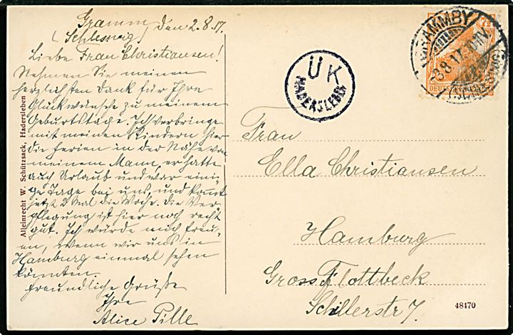 7½ pfg. Germania på brevkort fra Grammby (Schleswig) d. 3.8.1917 til Hamburg. Lokalt censurstempel: Ü K Hadersleben. 