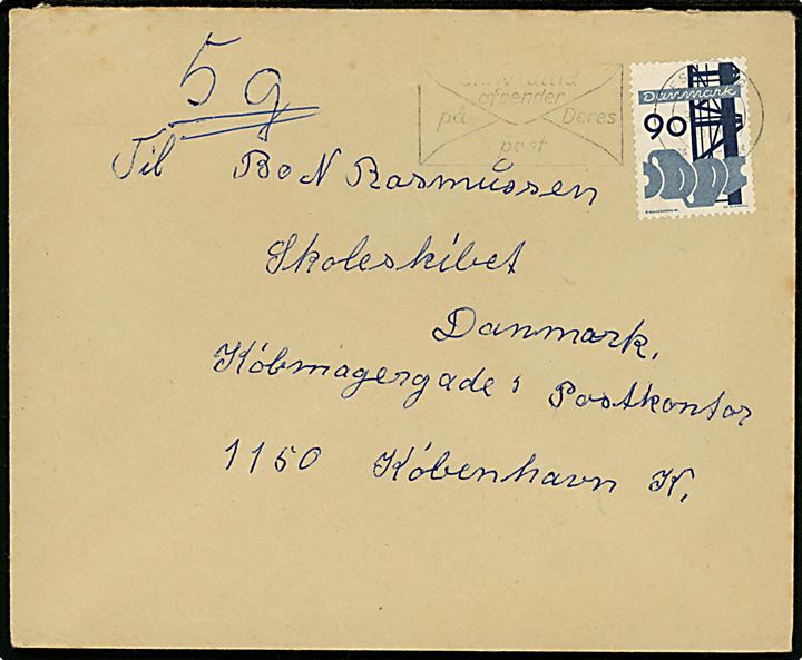 90 øre Dansk Industri single på 5 gram-brev fra Esbjerg d. 9.?.1969 til elev ombord på skoleskibet Danmark via marinepostadressen: Købmagergades Postkontor 1150 København K. 