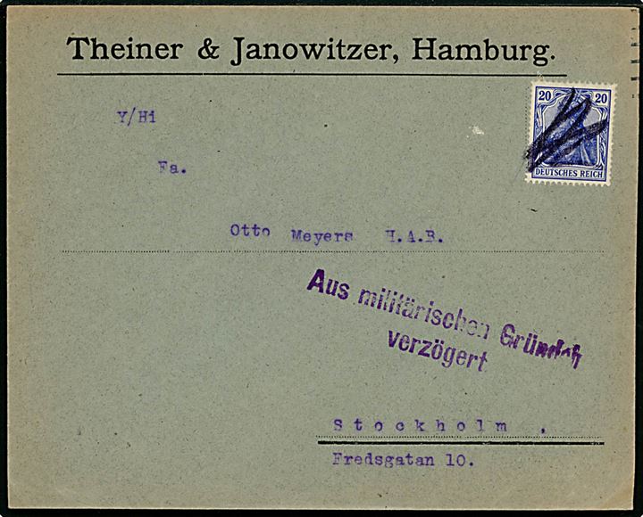 20 pfg. Germania annulleret med blækstift i Hamburg til Stockholm, Sverige. Forsinket med stempel Aus militärischen Grunden verzögert og på bagsiden ank.stemplet i Stockholm d. 7.12.1915.