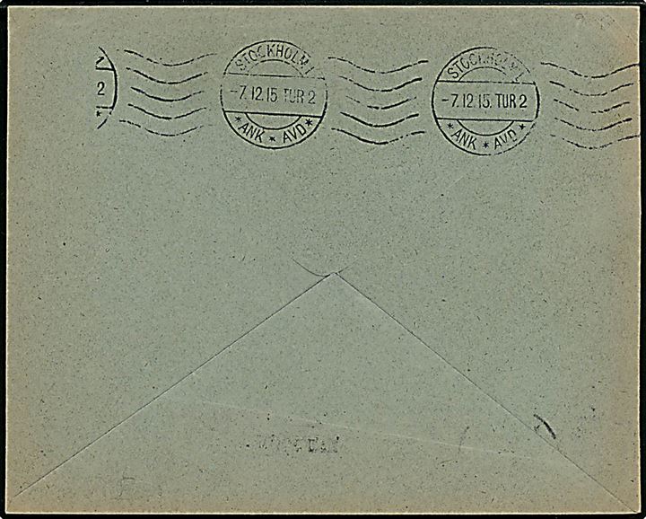 20 pfg. Germania annulleret med blækstift i Hamburg til Stockholm, Sverige. Forsinket med stempel Aus militärischen Grunden verzögert og på bagsiden ank.stemplet i Stockholm d. 7.12.1915.