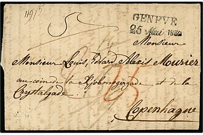 1832. Portobrev med fuldt indhold stemplet Geneve d. 25.5.1832 via Thurn u. Taxis i Hamburg d. 3.7.1832 til København, Danmark. Flere portopåtegninger.