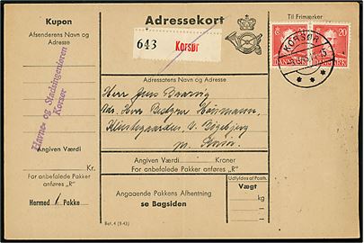 20 øre Chr. X (2) på adressekort for pakke fra Korsør d. 6.3.1945 til V. Bøgebjerg pr. Korsør.