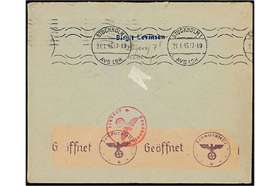 20 øre Chr. X på brev med langt indhold fra Hellerup d. 12.1.1945 til Stockholm, Sverige - eftersendt til Riksby. Åbnet af Sønderborg censuren med fortrykt Januar-banderole Zensurstelle k. Brevindhold med tegn på kemisk censur.