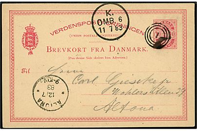 10 øre Våben helsagsbrevkort dateret Christiania, Norge d. 9.7.1883 og indgået som skibspost til København, annulleret med nr.stempel 1 ved Københavns Toldbod og sidestemplet K. OMB. 6 d. 11.7.1883 til Altona, Tyskland.