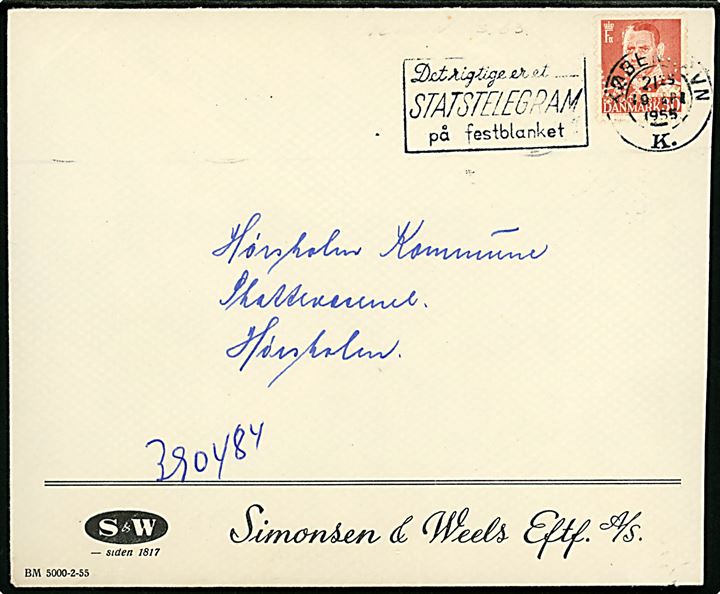 30 øre Fr. IX med perfin S&W på firmakuvert fra Simonsen & Weels Eftf. A/S stemplet København d. 19.4.1955 til Hørsholm.