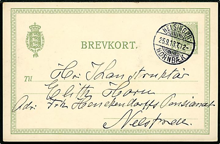 5 øre Fr. VIII helsagsbrevkort fra Aalsgaarde annulleret med bureaustempel Helsingør - Hornbæk T.12 d. 25.9.1913 til Næstved.