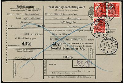 15 øre Karavel (3) på retur Indkasserings-Indbetalingskort annulleret med brotype Id Esbjerg d. 20.6.1930 til Broager. Ank.stemplet brotype IVc Broager sn1 d. 21.6.1930 - anvendt ca. 1 år tidligere end registreret af Vagn Jensen.