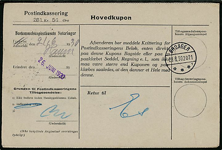 15 øre Karavel (3) på retur Indkasserings-Indbetalingskort annulleret med brotype Id Esbjerg d. 20.6.1930 til Broager. Ank.stemplet brotype IVc Broager sn1 d. 21.6.1930 - anvendt ca. 1 år tidligere end registreret af Vagn Jensen.