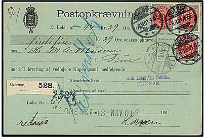 8 øre Tofarvet omv. rm. (3) på retur Postopkrævning fra Odense d. 8.11.1901 til Tim. Retur som ej indløst.