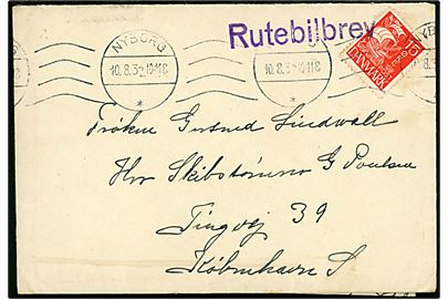 15 øre Karavel på brev med indhold dateret Fraugdegaard og annulleret Nyborg d. 10.8.1932 med sidestempel Rutebilbrev til København.
