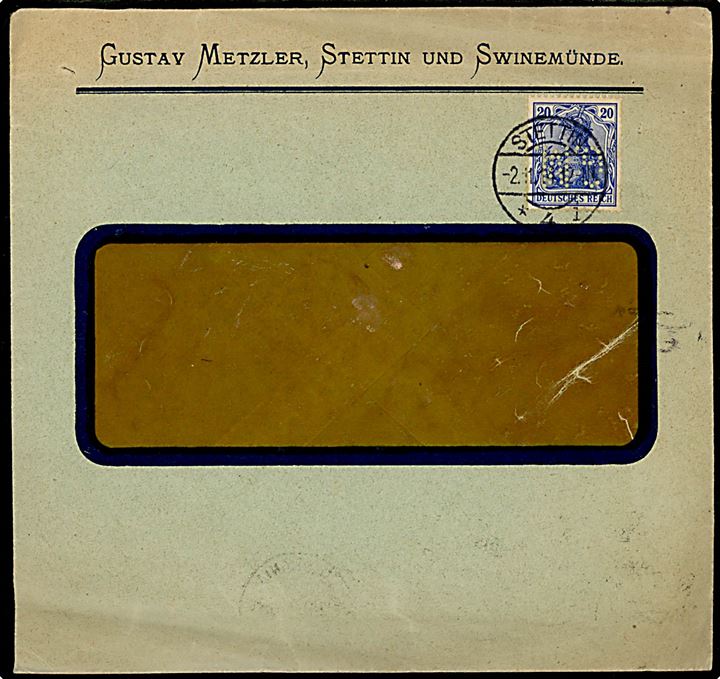 20 pfg. Germania GM på rudekuvert fra firma Gustav Metzler fra Stettin d. 2.11.1914 til Norge. På bagsiden lokal tysk censur fra Stettin og norsk ank.stempel fra Kristiania d. 5.11.1914