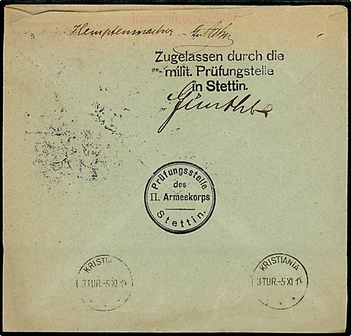 20 pfg. Germania GM på rudekuvert fra firma Gustav Metzler fra Stettin d. 2.11.1914 til Norge. På bagsiden lokal tysk censur fra Stettin og norsk ank.stempel fra Kristiania d. 5.11.1914