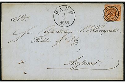 4 sk. 1854 udg. på brev med langt indhold annulleret med nr.stempel 205 og sidestemplet antiqua Fanø d. 1.2.1858 til Distriktslæge S. Hempel, Ridder af Dannebrog, i Assens.