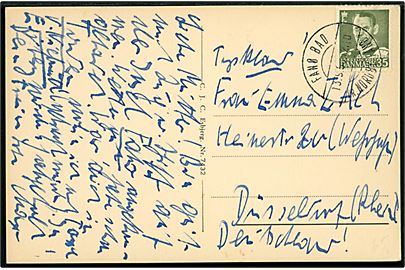 35 øre Fr. IX på brevkort (Nordby havn med automobiler) annulleret med pr.stempel fra sommerbrevsamlingssted Fanø Bad pr. Nordby Fanø d. 13.9.1958 til Düsseldorf, Tyskland.
