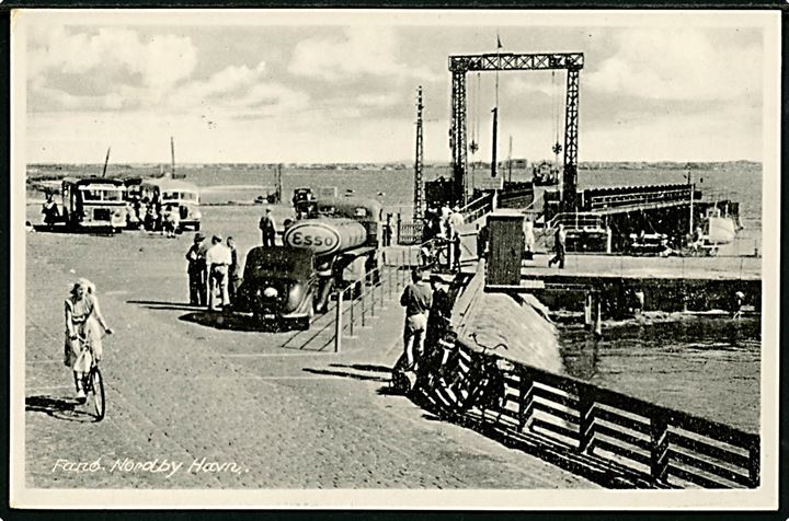 35 øre Fr. IX på brevkort (Nordby havn med automobiler) annulleret med pr.stempel fra sommerbrevsamlingssted Fanø Bad pr. Nordby Fanø d. 13.9.1958 til Düsseldorf, Tyskland.