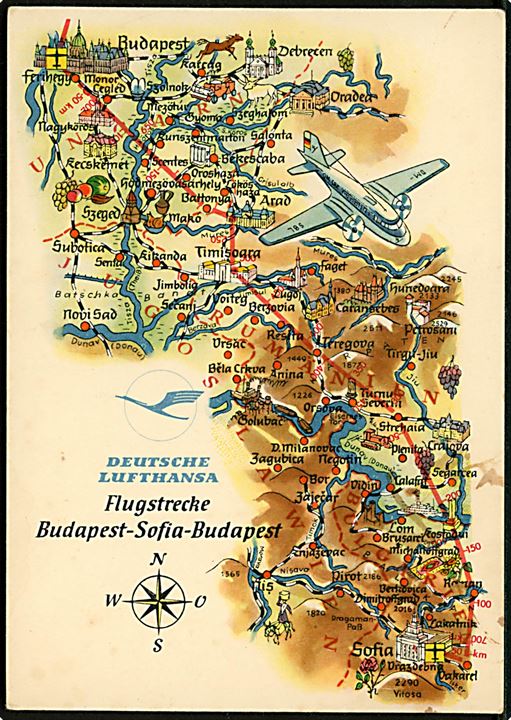 Deutsche Lufthansa (DDR) luftrute Budapest-Sofia-Budapest med flyvemaskine og landkort.