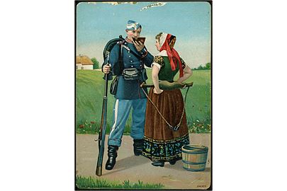 Soldat møder malkepige. A. Vincent u/no. Kartonkort dateret 24.12.1897. 