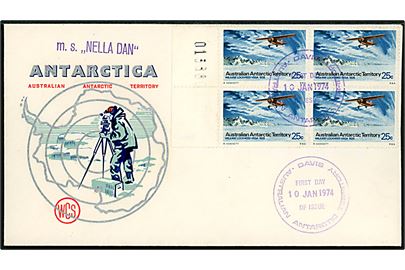 25 c. Aust. Antarctic Territory i fireblok på uadresseret FDC stemplet Davis d. 10.1.1974 med dansk skibsstempel m. s. Nella Dan. På bagsiden autograf fra en lang række ekspeditionsdeltagere. 