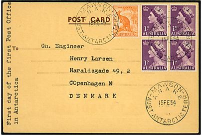 ½d Kenguru og 1d Elizabeth på Antarctic 1954 Expedition postkort annulleret Mawson A.N.A.R.E. Aust. Antarctic Terr. d. 15.2.1954 via Oslo til København, Danmark.
