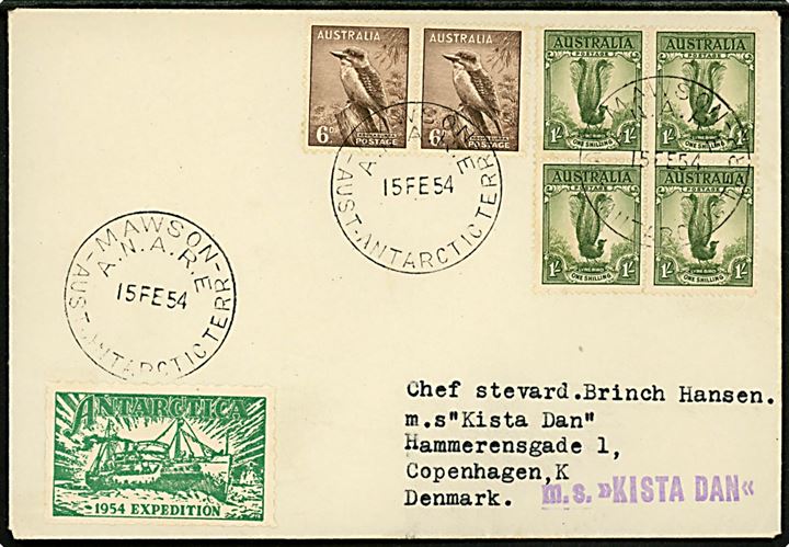 6d (par) og 1 sh. (fireblok samt Antarctica 1854 Expedition mærkat på brev annulleret Mawson A.N.A.R.E. Aust. Antarctic Terr. d. 15.2.1954 til sømand ombord på J. Lauritzen polarskib M/S Kista Dan. Violet skibsstempel.