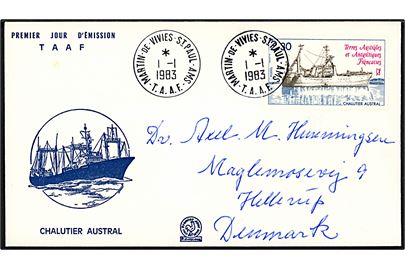 Fransk Antarktisk Territorie 2,30 fr. Chalutier Austral på FDC stemplet Martin de Vivies st. Paul AMS T.A.A.F. d. 1.1.1983 til Hellerup, Danmark.