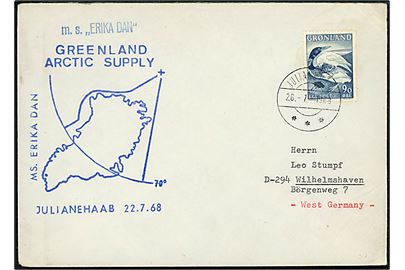90 øre Ravnen og Islommen på filatelistisk brev fra Julianehåb d. 26.7.1968 og sidestemplet Greenland Arctic Supply / MS. Erika Dan / Julianehaab 22.7.68 til Wilhelmshaven, Tyskland.