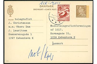 50 øre Fr. IX helsagsbrevkort (fabr. 210) opfrankeret med grønlandsk 50 øre Drengen og Ræven sendt som luftpost fra telegrafist ombord på J. Lauritzen skib M/S Thora Dan i Godthåb d. 5.12.1968 til København.