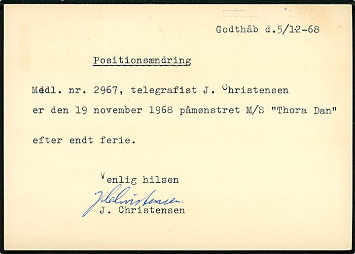 50 øre Fr. IX helsagsbrevkort (fabr. 210) opfrankeret med grønlandsk 50 øre Drengen og Ræven sendt som luftpost fra telegrafist ombord på J. Lauritzen skib M/S Thora Dan i Godthåb d. 5.12.1968 til København.