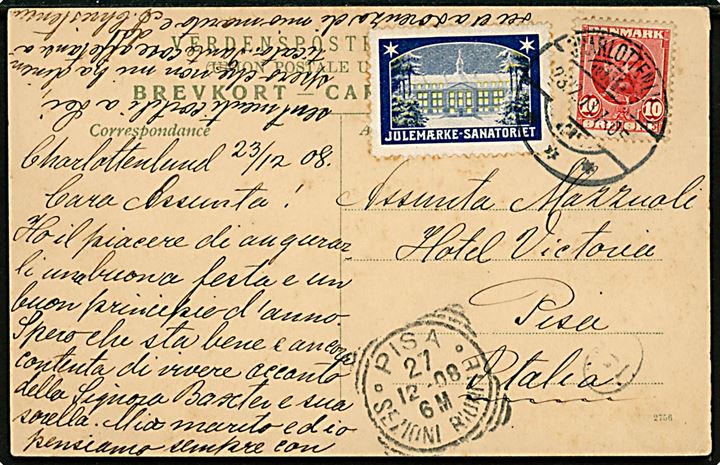 10 øre Fr. VIII og Julemærke 1908 på brevkort fra Charlottenlund d. 23.12.1908 til Pisa, Italien. Ank.stemplet i Pisa d. 27.12.1908.