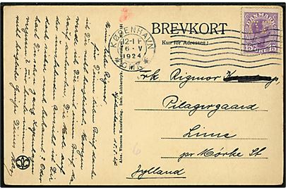 15 øre Chr. X med perfin LL (= L. Levison Junr. A/S) på brevkort (Amerikadamper forlader frihavnen) fra København d. 16.5.1924 til Mørke.