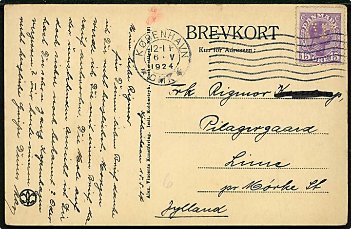 15 øre Chr. X med perfin LL (= L. Levison Junr. A/S) på brevkort (Amerikadamper forlader frihavnen) fra København d. 16.5.1924 til Mørke.