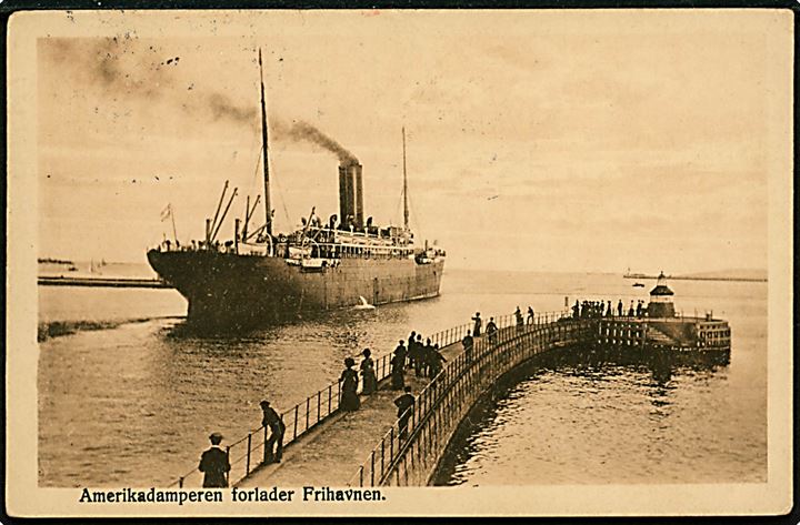 15 øre Chr. X med perfin LL (= L. Levison Junr. A/S) på brevkort (Amerikadamper forlader frihavnen) fra København d. 16.5.1924 til Mørke.